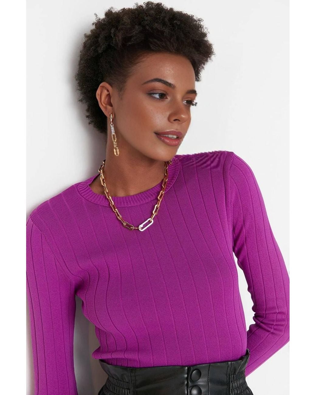WOVCOR Purple Ribbed Crew Neck Slim Fit Knit Sweater