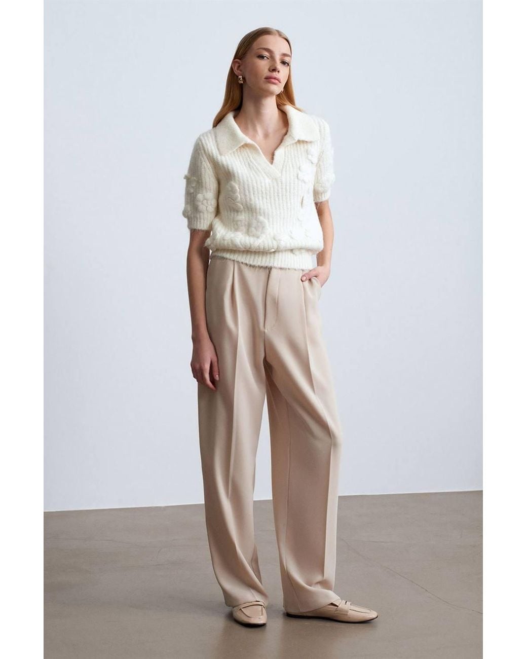 Dilvin White Textured Ribbed Polo-Collar Sweater