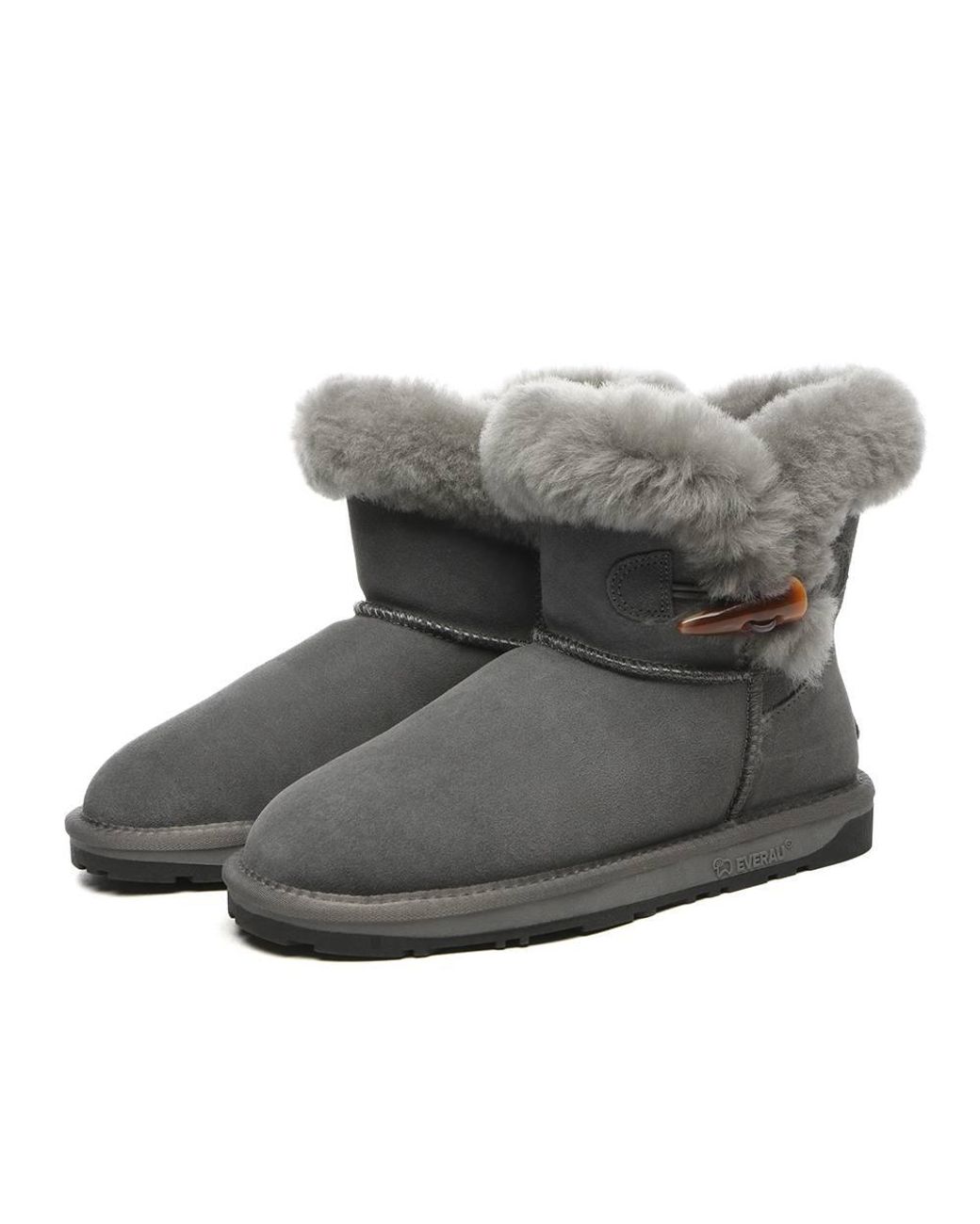 EverAu Australia Gray Real Sheepskin Robin Horn Toggle Button Mini Boots W/ Tpr Sole