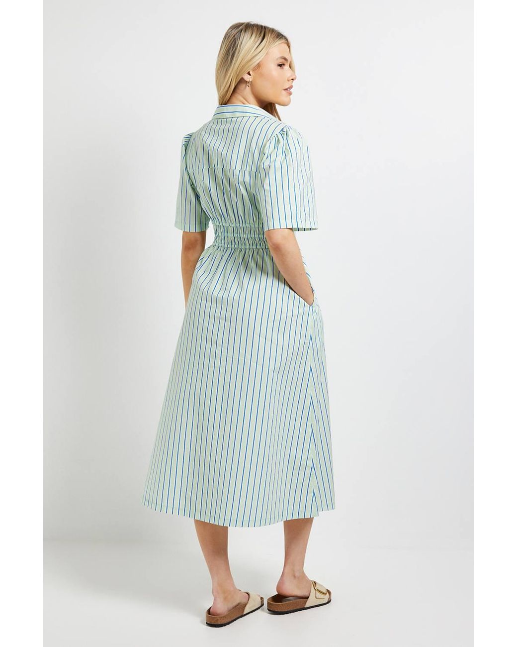 Dorothy Perkins Blue Collar Shirred Waist Detail Printed Poplin Midi Dress