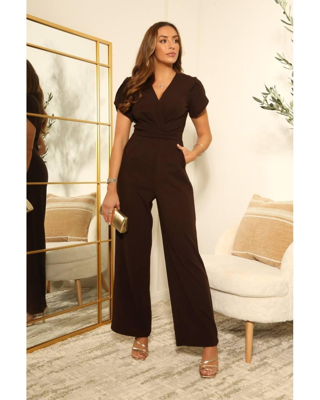 Double Second Natural Tulip Sleeve Wrap Front Jumpsuit