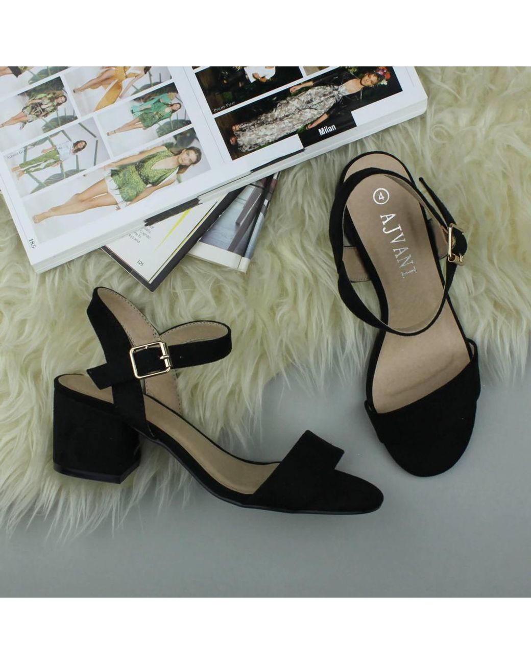 AJVANI Black Mid Block Heel Strappy Sandals
