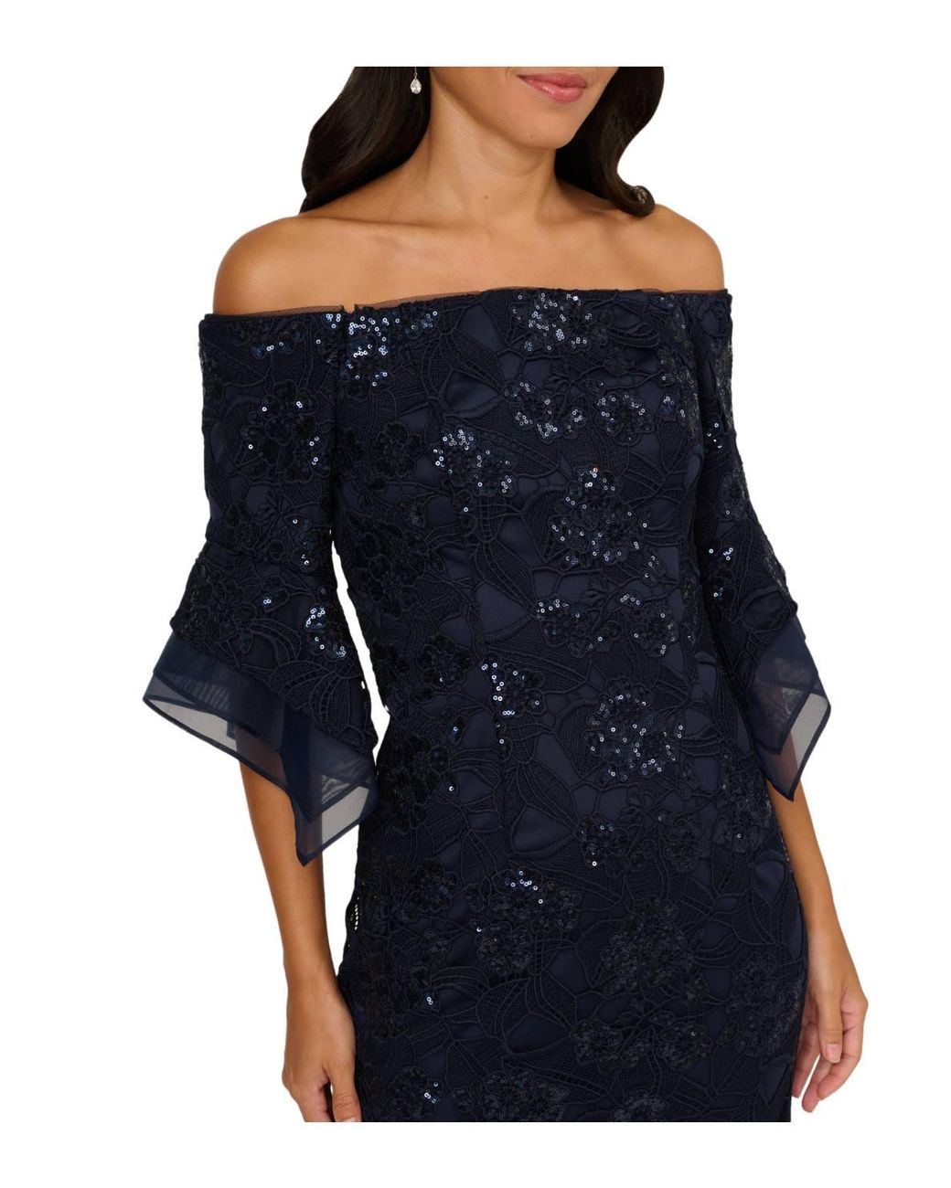 Adrianna Papell Blue Sequin Lace Combo Column Gown Dress