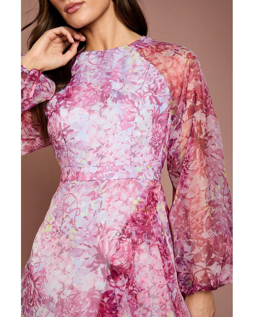 Coast Pink Organza Wrap Waist Puff Sleeve Midi Dress