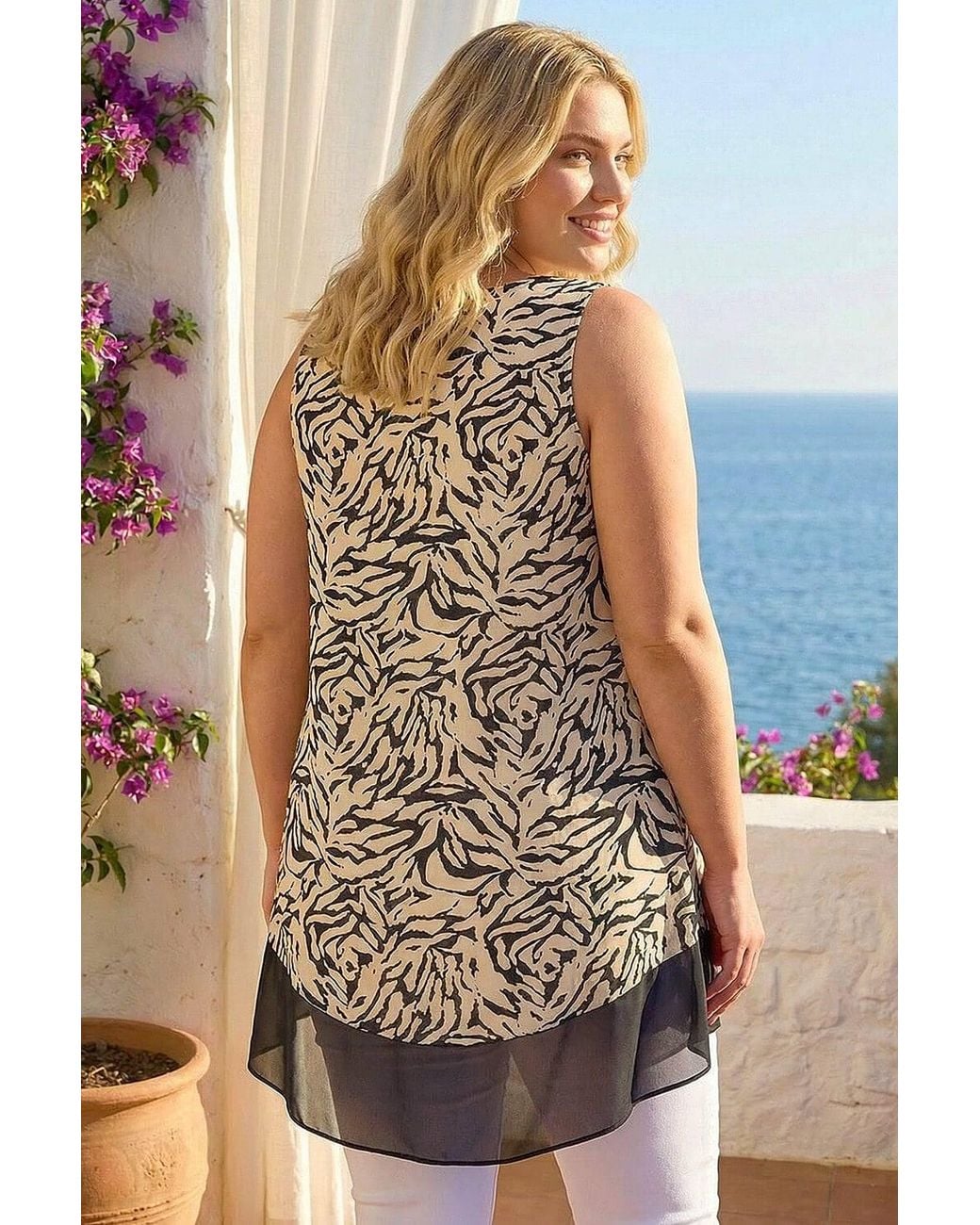 Roman Brown Curve Animal Print Chiffon Hem Vest Top