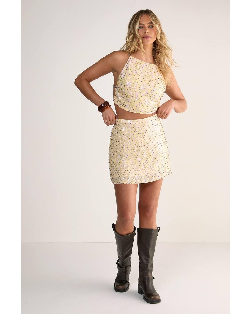 Nasty Gal Natural Studded Sequin Beaded Mini Skirt