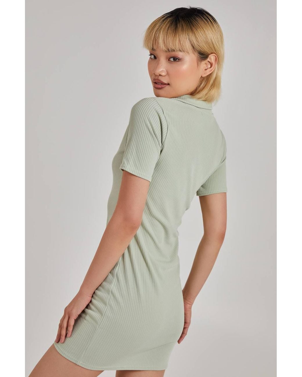 Pink Vanilla Green Short Sleeve Collar Neck Rib Mini Dress