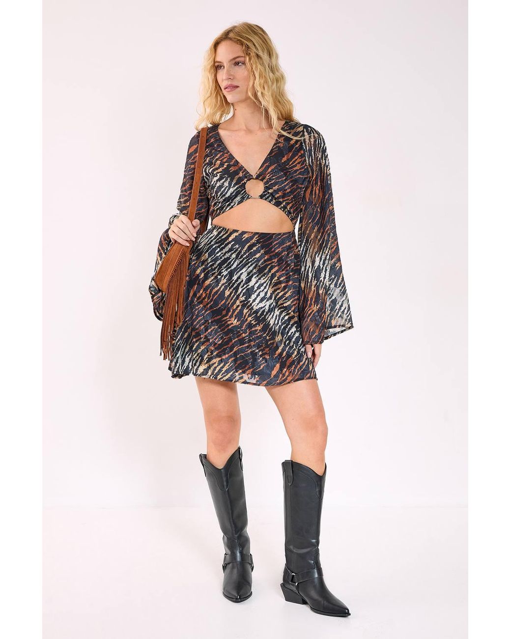 Nasty Gal Black Animal Burnout Ring Cut Out Flared Sleeve Mini Dress