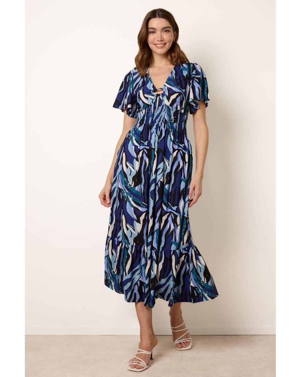 Blue Vanilla Blue Shirred Waist Short Sleeve V-Neck Maxi Dress