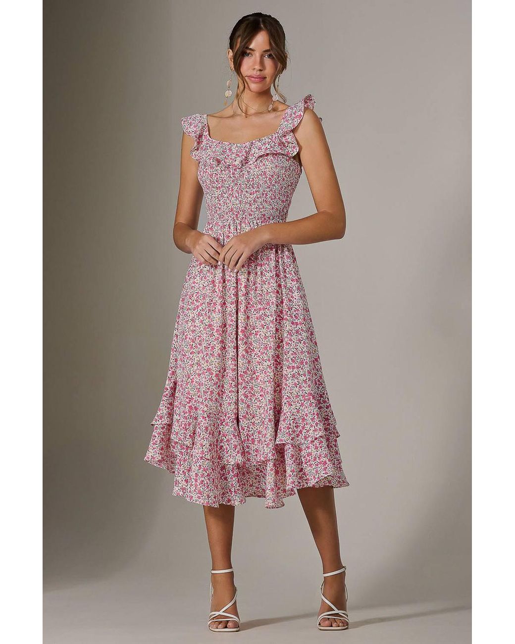 Jolie Moi Pink Ruffle Shirred Woven Midi Dress