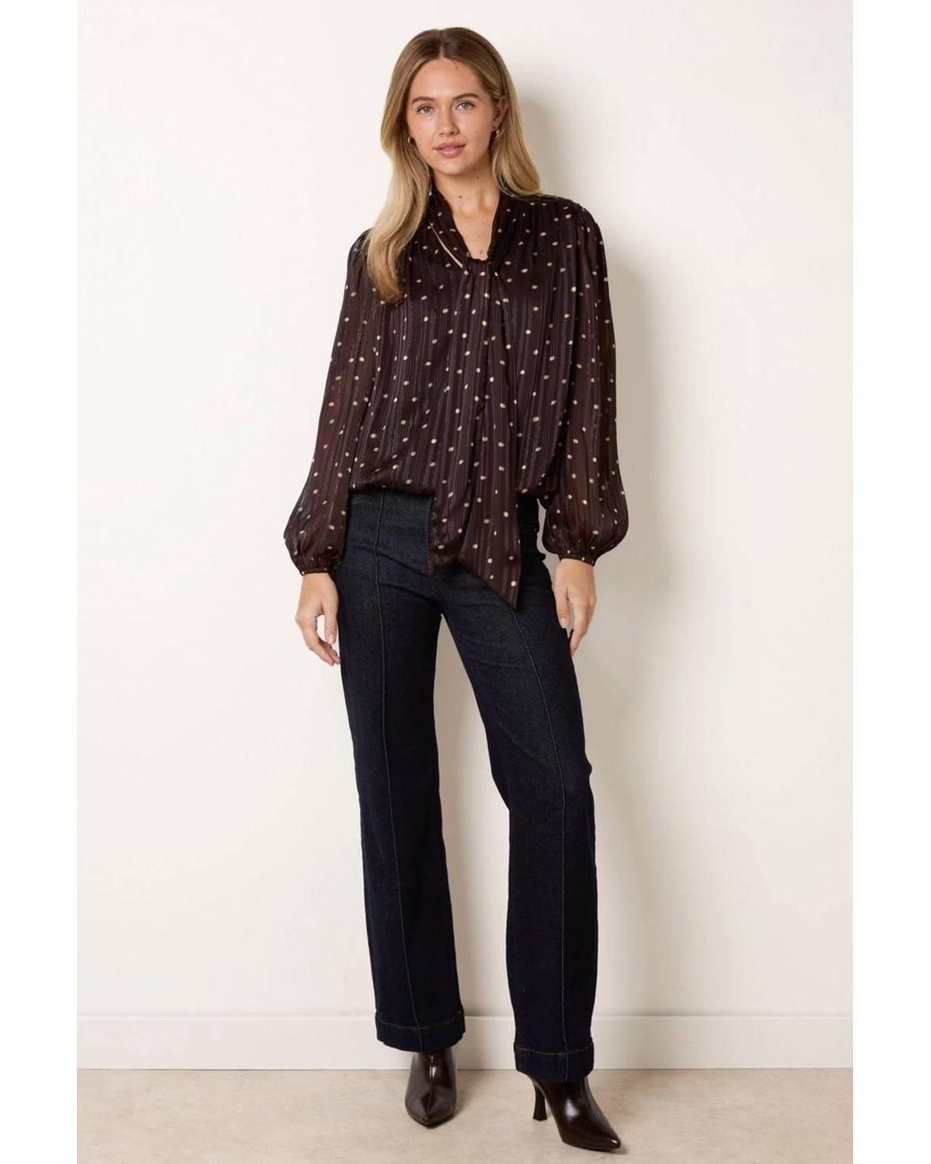 Blue Vanilla Brown Long Sleeve V-Neck Blouse