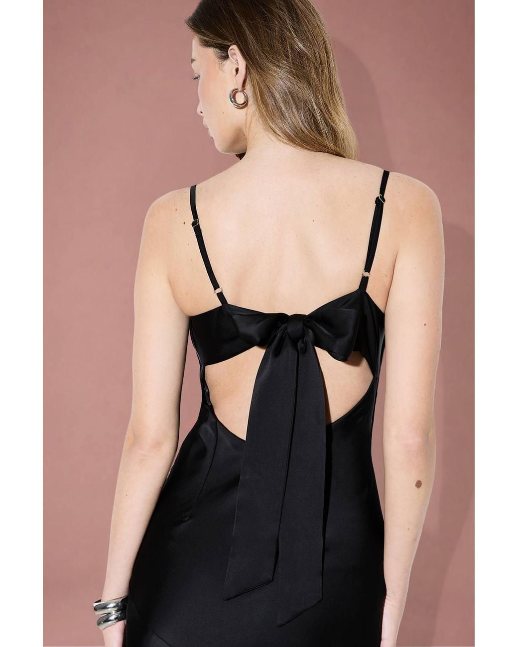 MissPap Black Premium Satin Bow Back Bias Cut Dress