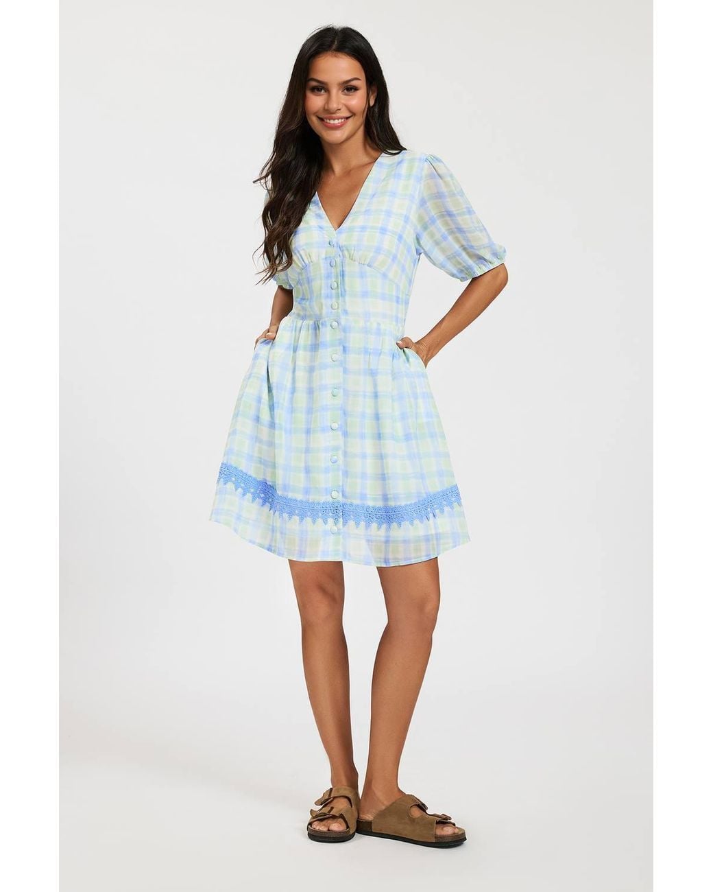 FS Collection Blue Gingham Mini Dress W/ Lace Trim