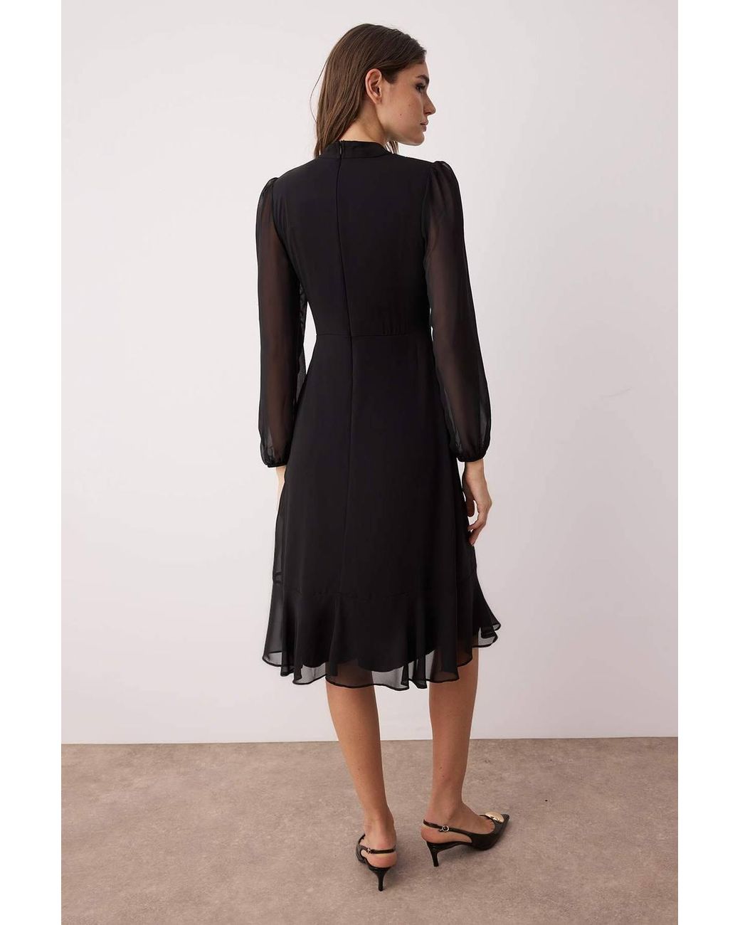 WOVCOR Black High Neck Long Sleeve A-Line Midi Dress