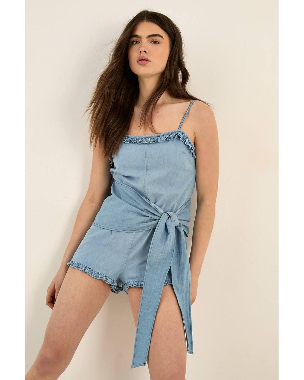 Nasty Gal Blue Chambray Lace Trim Tie Waist Romper
