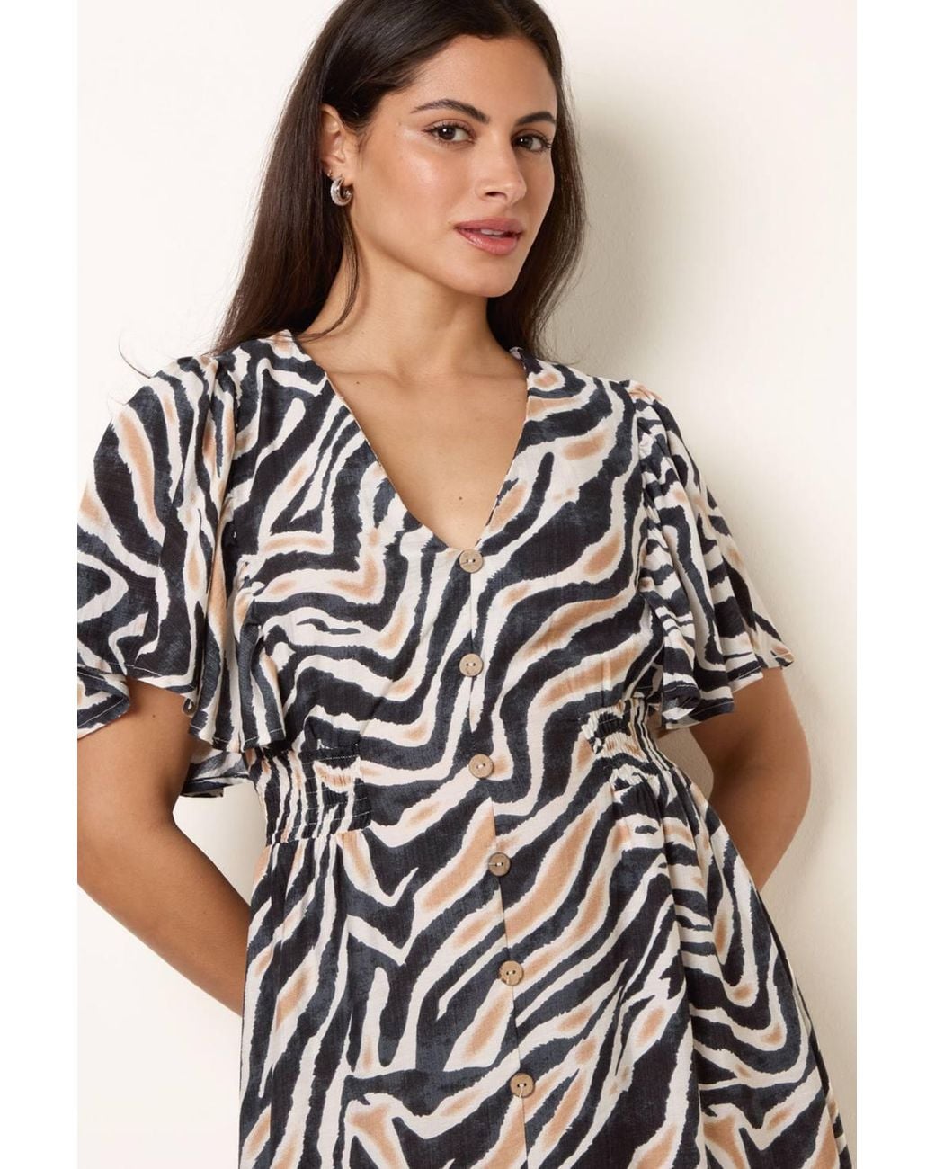 Blue Vanilla Natural Shirred Waist Short Sleeve V-Neck Mini Dress