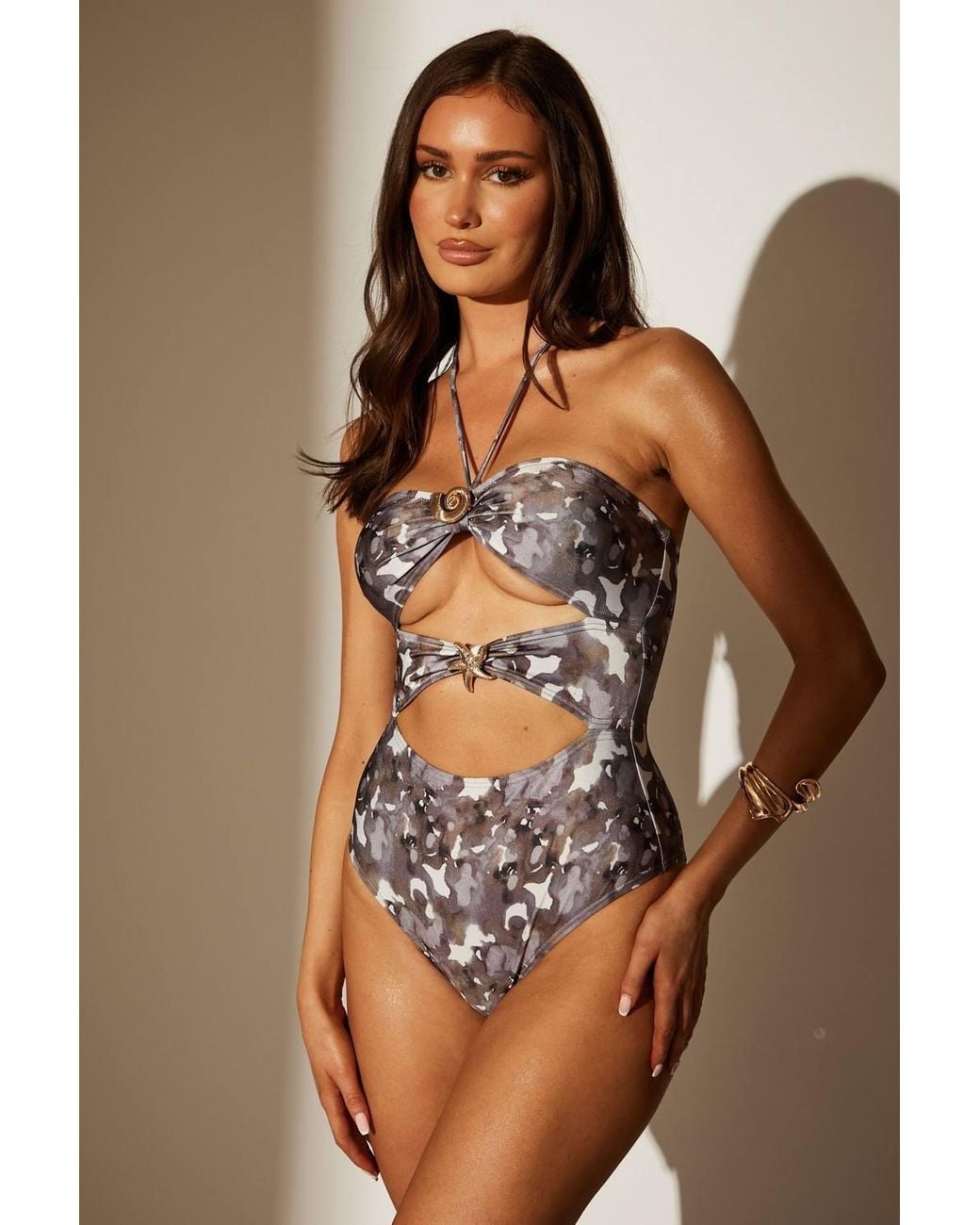 South Beach Brown Halter Neck Shell Embellished Swimsuit