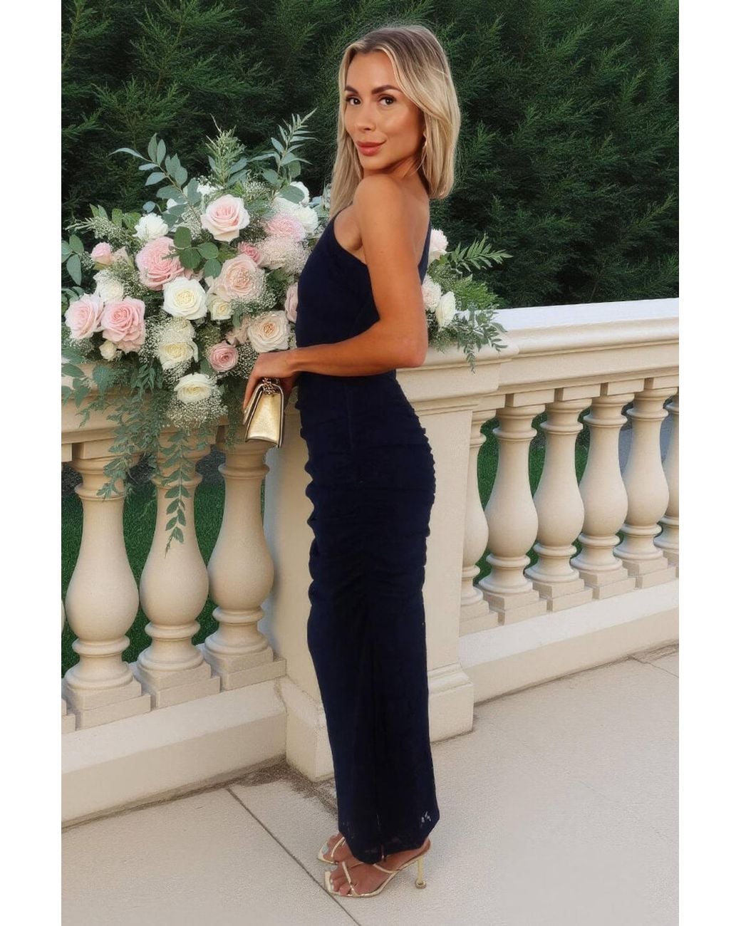 AX Paris Blue Lace One Shoulder Ruched Skirt Midi Dress