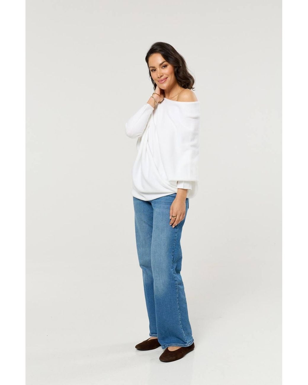 Liquorish White Off-Shoulder Batwing Knit Jumper