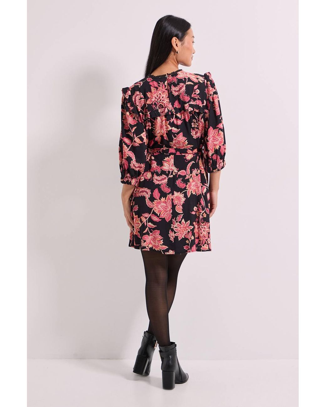 Dorothy Perkins Red Petite Tie Waist Yoke Frill Detail Printed Belted Mini Dress