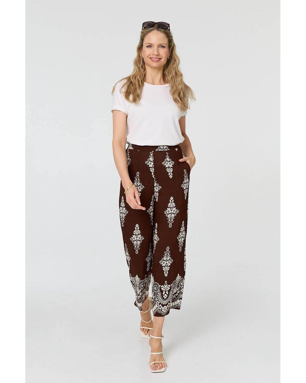 Izabel London White Border Print High Waist Wide Trousers
