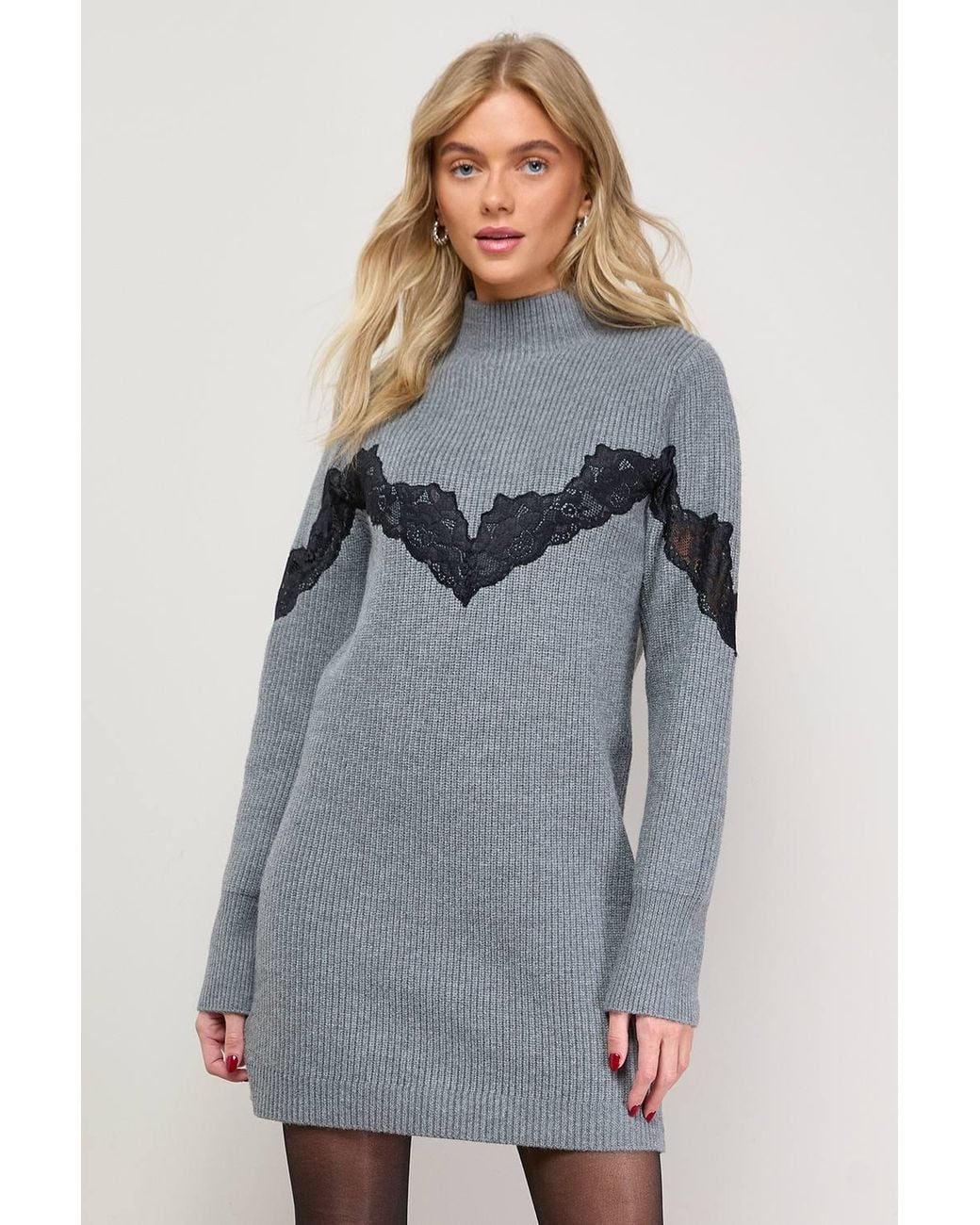Oasis Gray Contrast Lace Stitch High Neck Knitted Mini Dress