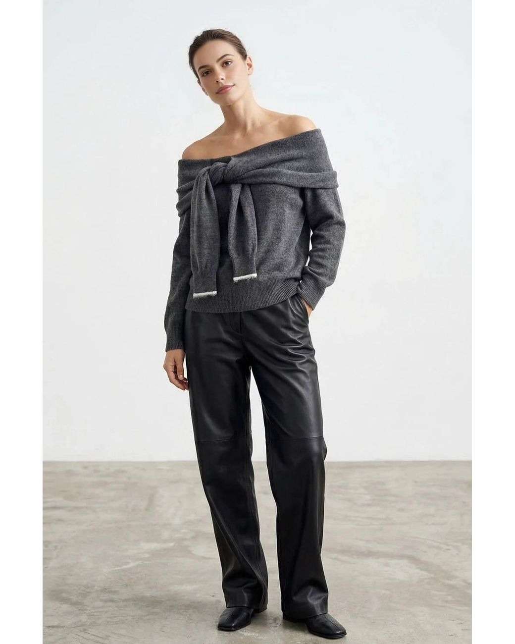WOVCOR Gray Soft Textured Madonna Neck Tie-Up Knit Sweater