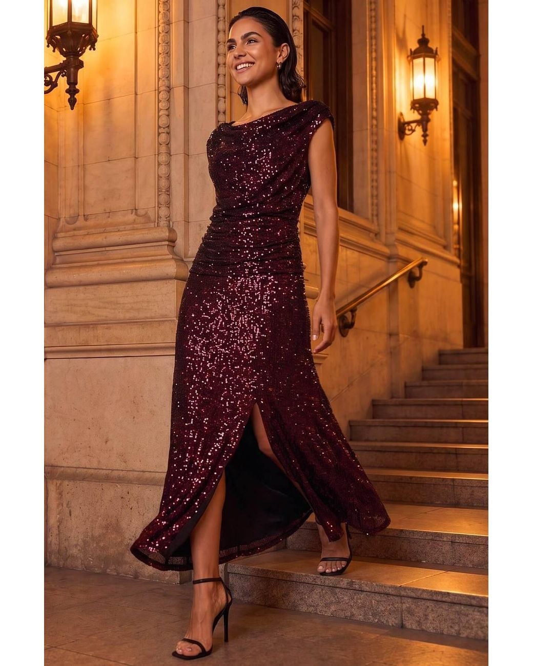 Roman Brown Sequin Cowl Neck Maxi Stretch Dress