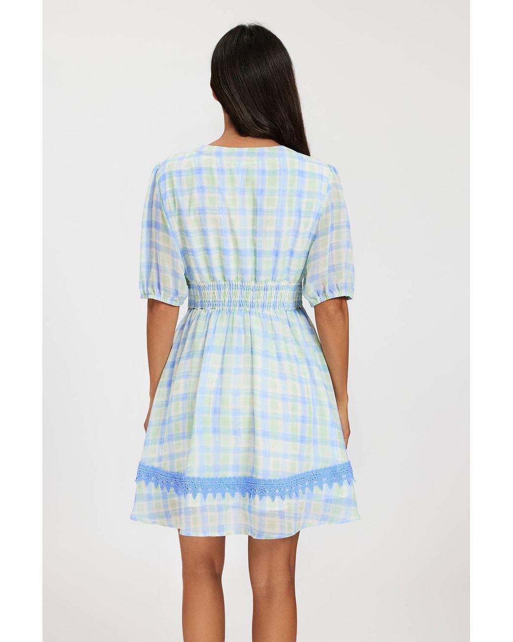 FS Collection Blue Gingham Mini Dress W/ Lace Trim