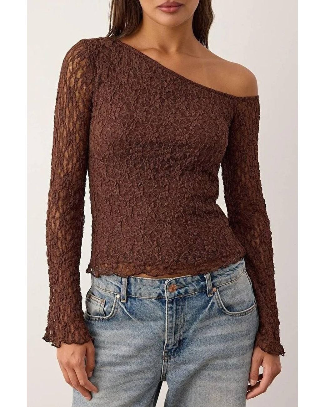 WOVCOR Brown Asymmetric Neck Lace Fitted Long Sleeve Knit Blouse