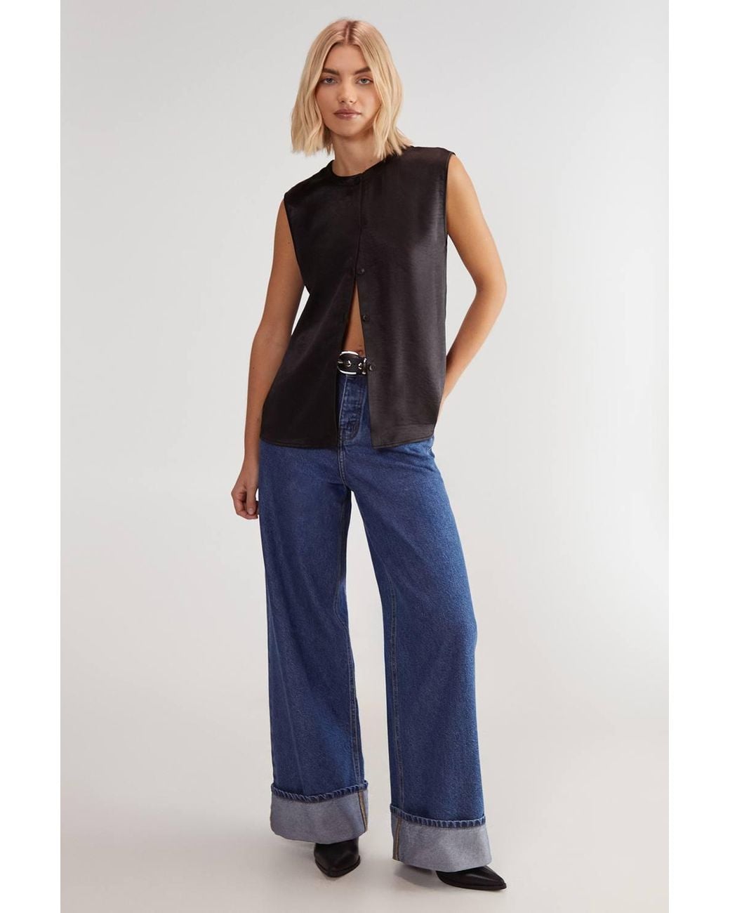Nasty Gal Black Textured Satin Button Through Collarless Tank