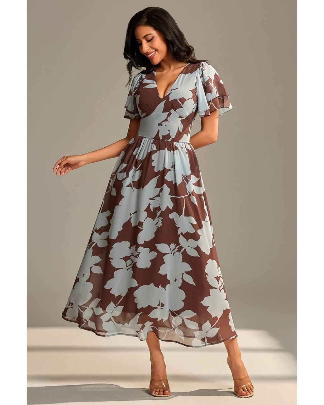 Jolie Moi Brown Layered Angel Sleeved Chiffon Maxi Dress