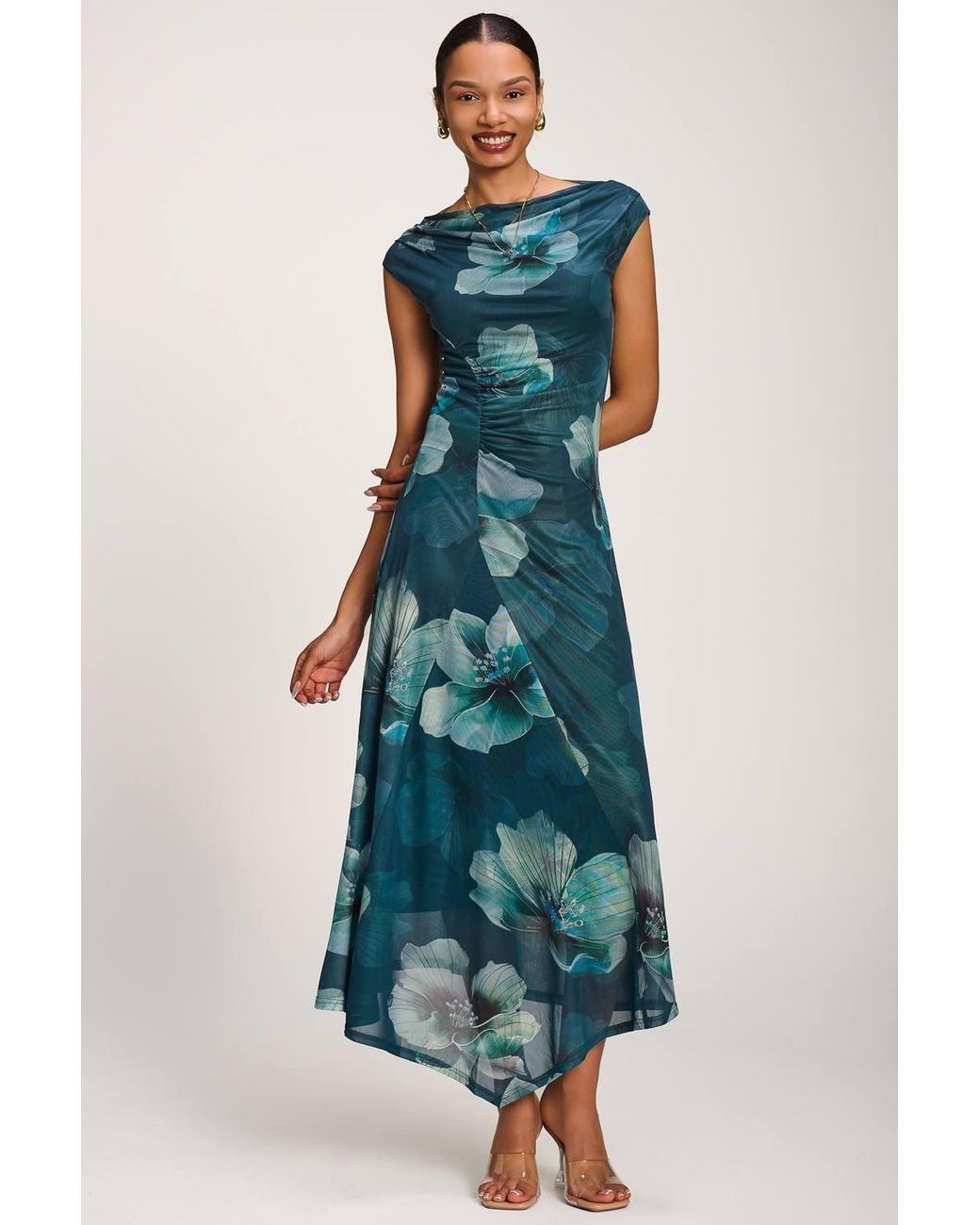 Jolie Moi Blue Asymmetric Draped Mesh Maxi Dress