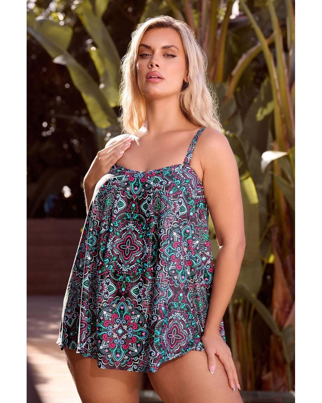 Yours Multicolor Aztec Print Pleated Tankini Top