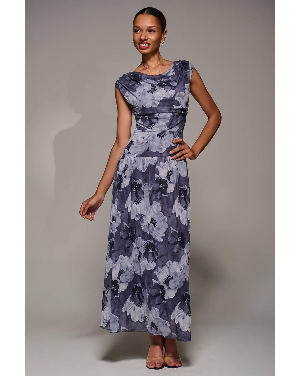 Jolie Moi Blue Asymmetric Draped Mesh Maxi Dress