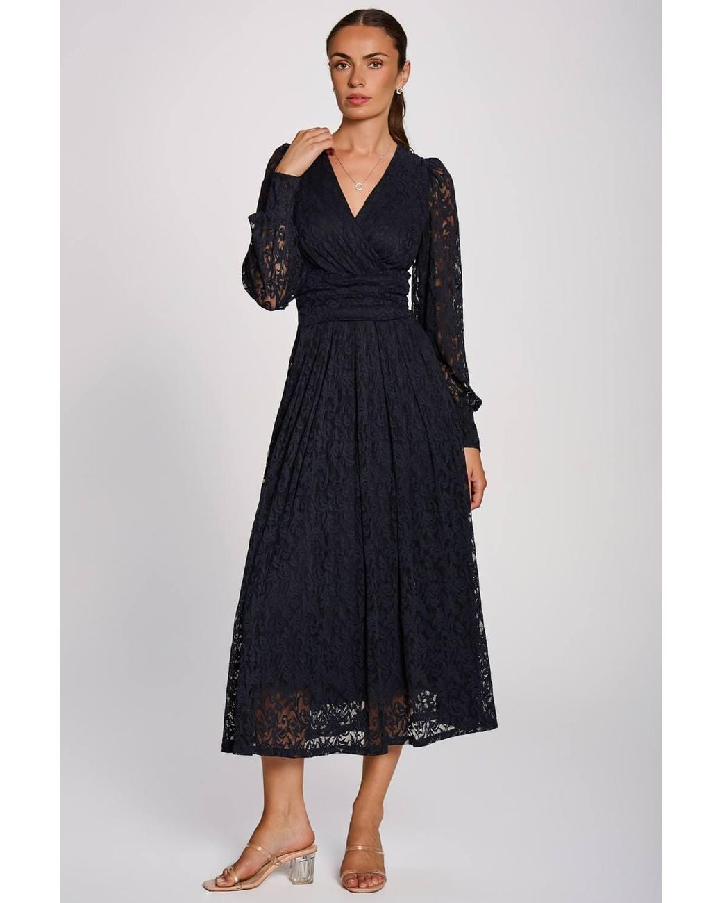 Jolie Moi Blue Long Sleeve Printed Lace Maxi Dress
