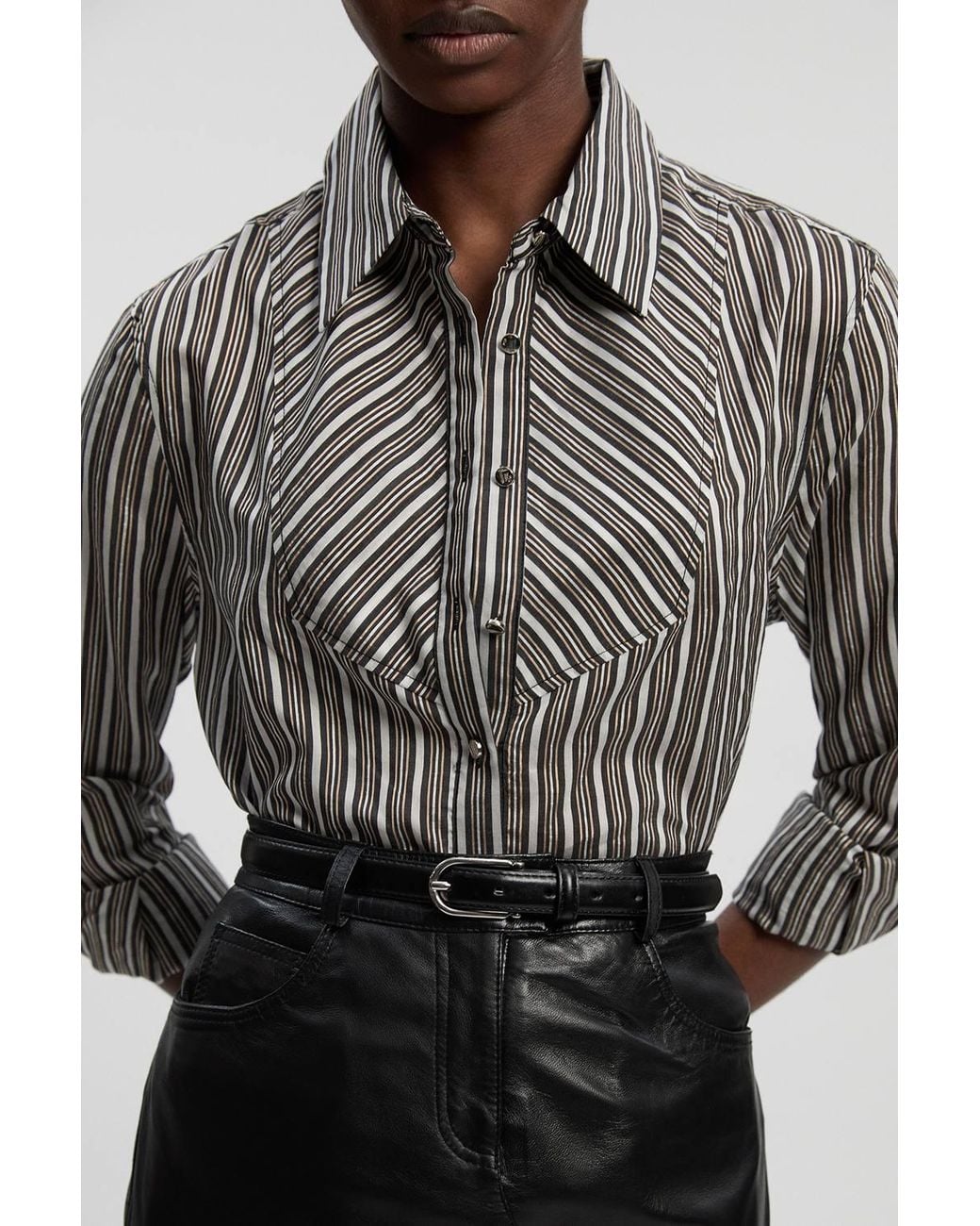 Karen Millen Gray Poplin Stripe Bib Woven Shirt