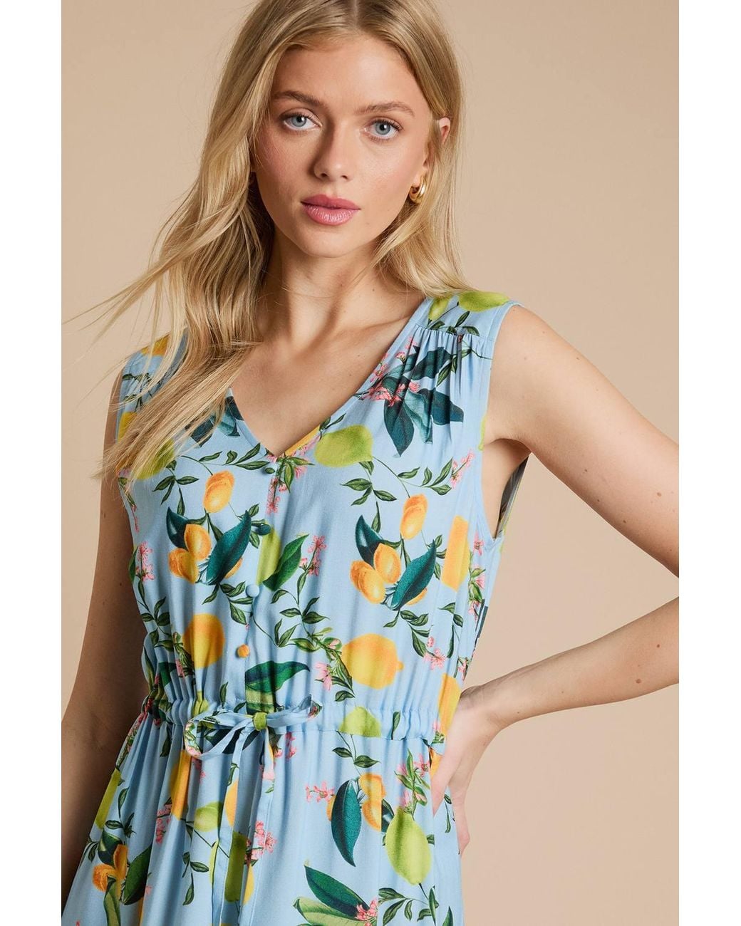 Dorothy Perkins Blue Lemon Sleeveless Drawstring Waist Tiered Maxi Dress
