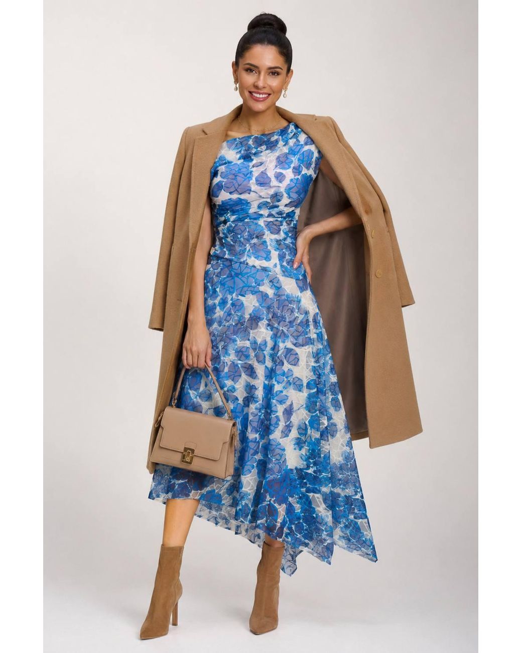 Jolie Moi Blue Asymmetric Draped Print Lace Maxi Dress