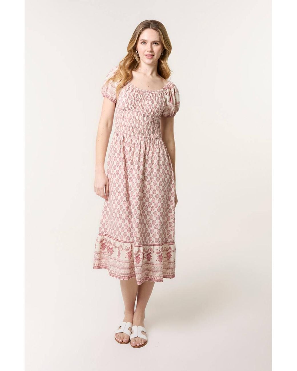 Blue Vanilla Pink Shirred Waist Short Sleeve Bardot Midi Dress