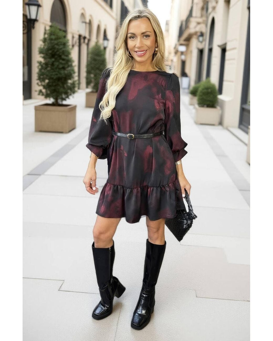 AX Paris Blue Smudge Print Frill Hem Belted Mini Dress