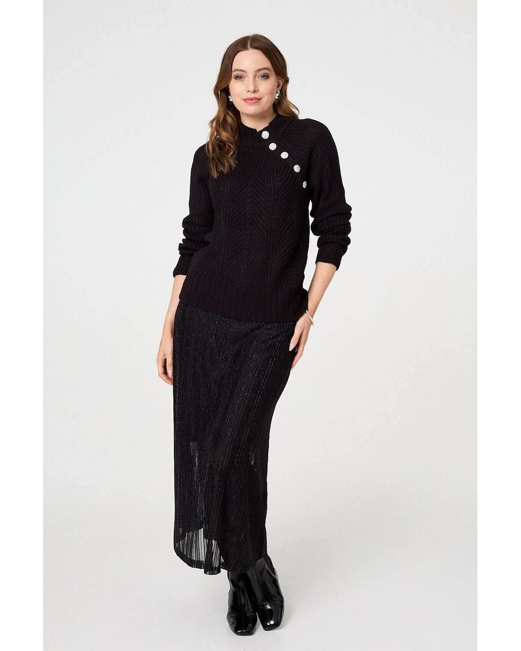 Izabel London Black Textured Knit Button Detail Jumper