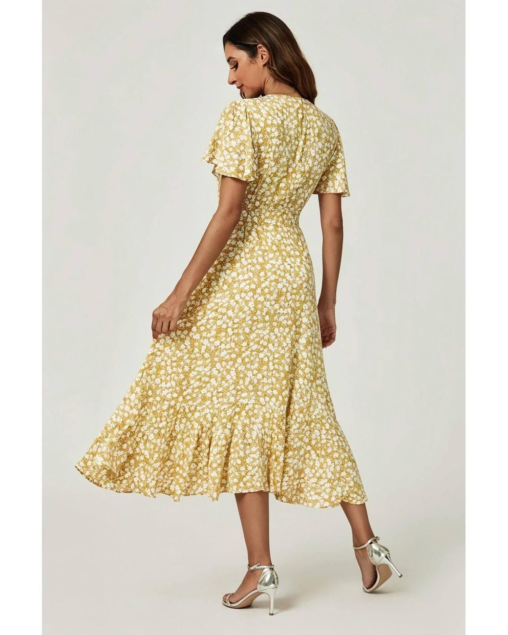 FS Collection Metallic Floral Wrap Front Flutter Sleeve Midi Dress