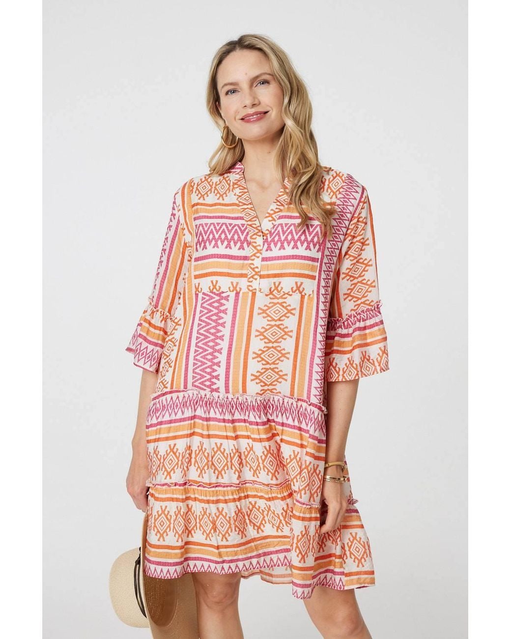 Izabel London Pink Aztec Print V-Neck 3/4 Sleeve Short Dress