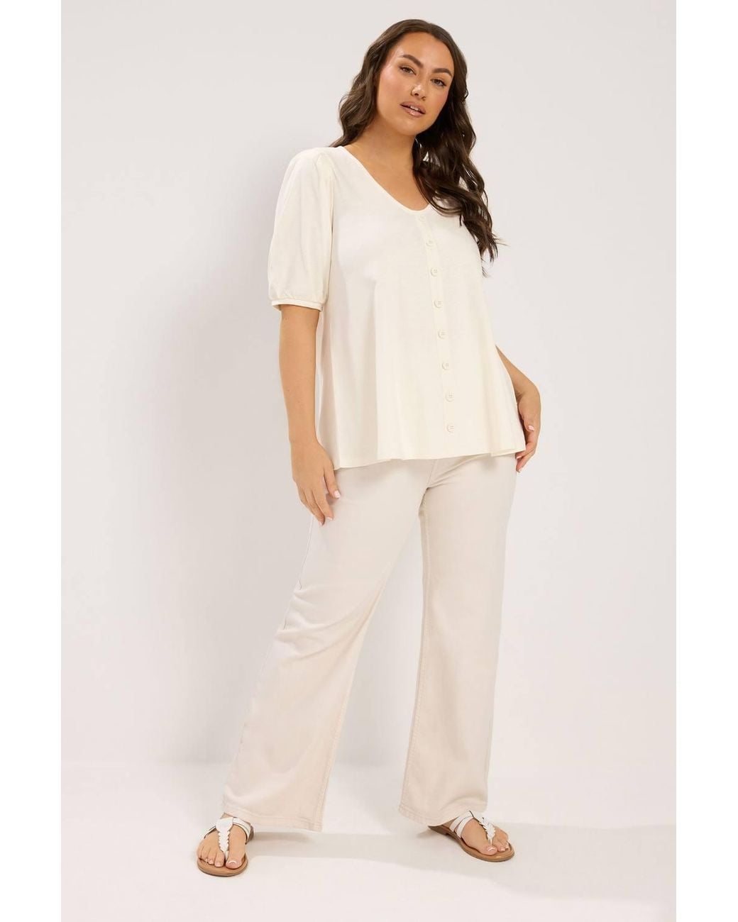 Yours Natural Button Front Puff Sleeve Top