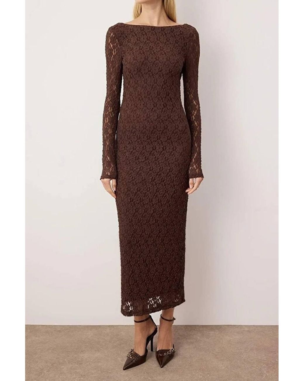 WOVCOR Brown Lace Knit Maxi Evening Dress