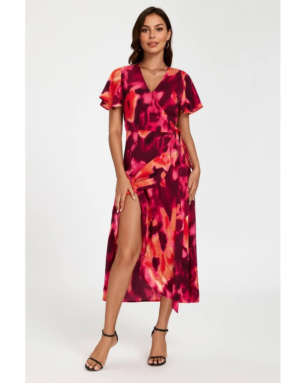 FS Collection Red Abstract Print Wrap Maxi Dress