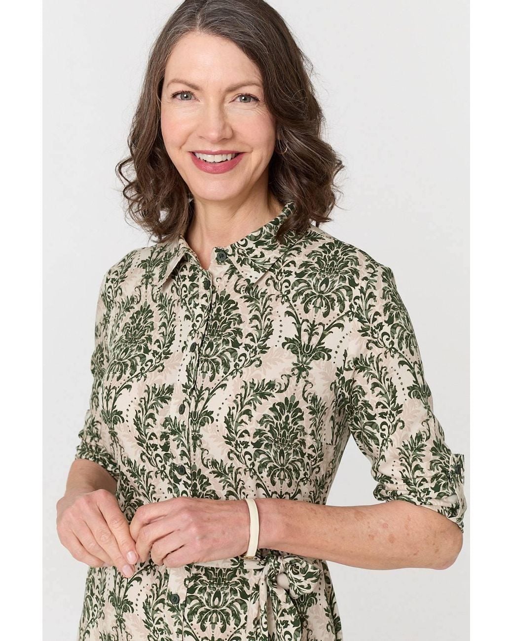 Izabel London Green Baroque Print Tie Waist Midi Shirt Dress