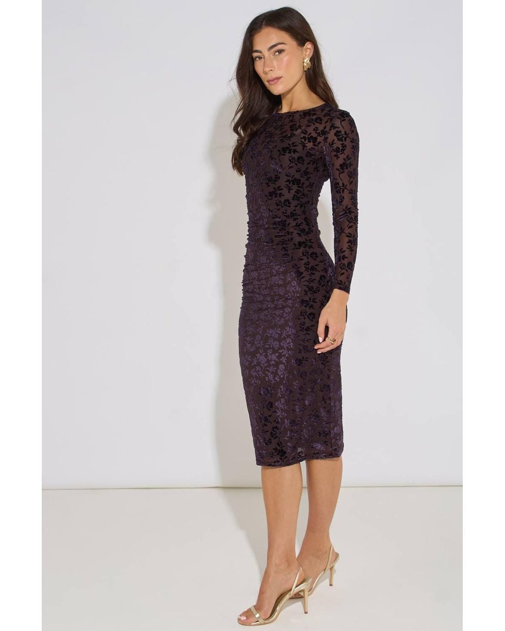 Gini London Black Floral Velour Ruched Front Burnout Midi Dress