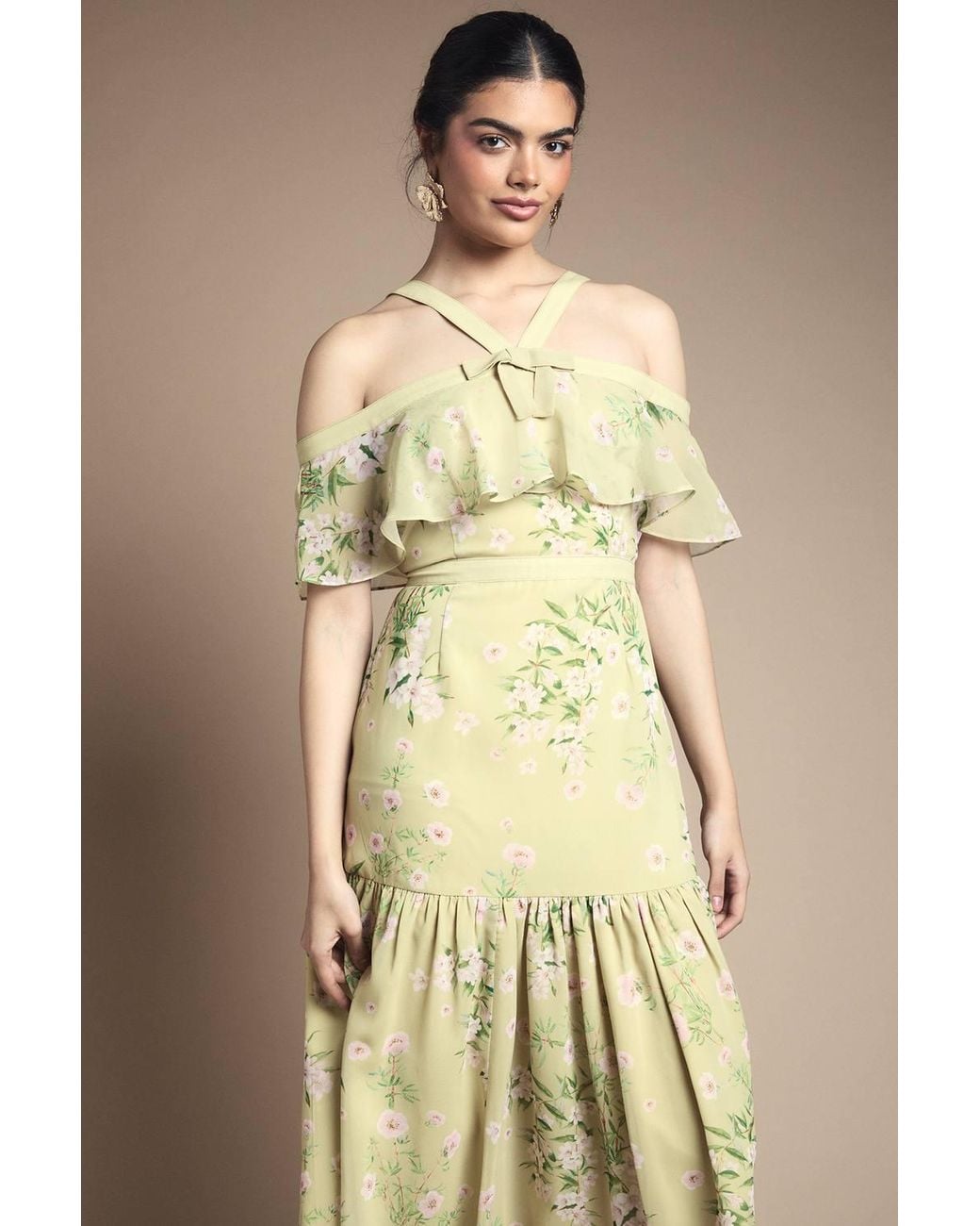 Oasis Natural Bow Detail Halter Neck Bardot Dress